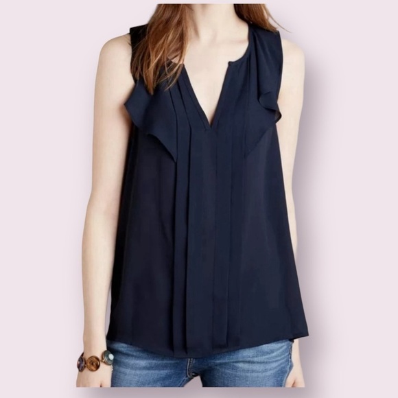 Maeve Anthropologie Women's Flutter Sleeve Pleated Top in Navy Size 0 - Picture 1 of 10